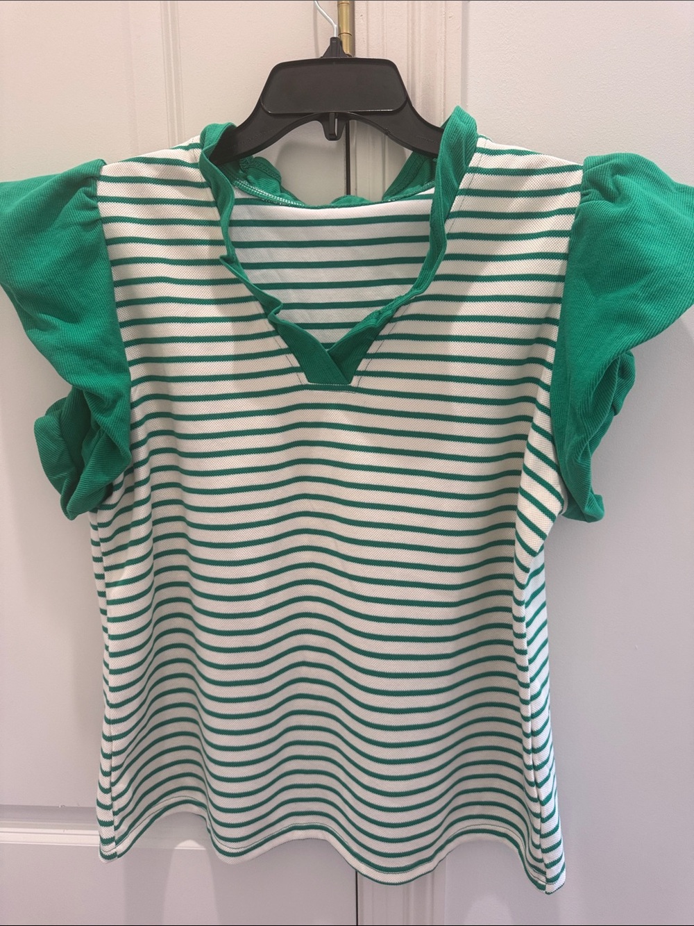 Green & White Striped Ruffle Sleeve Top